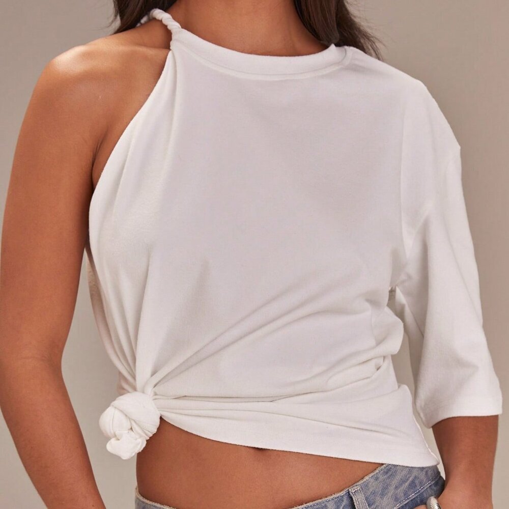 White Round Neck Women's Asymmetrical Knotted Sleeve Tee - Picture 2 of 5